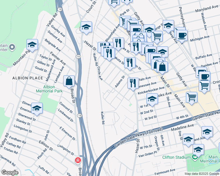map of restaurants, bars, coffee shops, grocery stores, and more near 59 Adams Street in Clifton