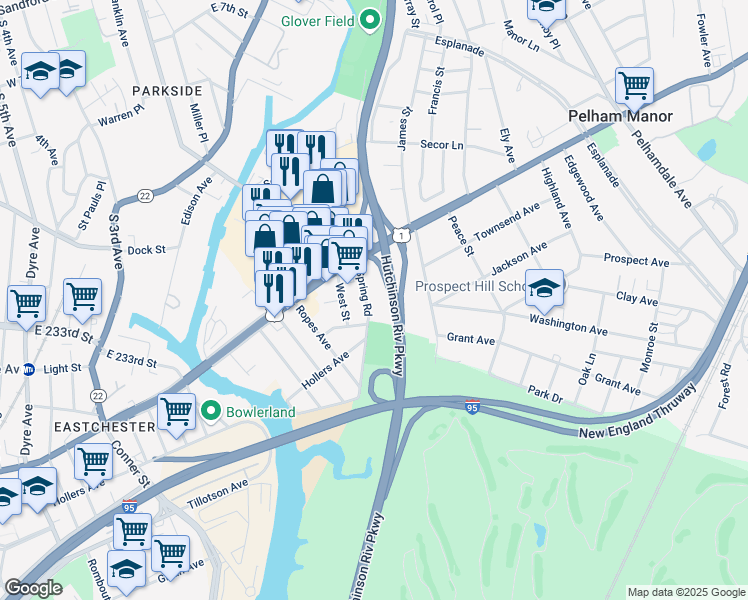 map of restaurants, bars, coffee shops, grocery stores, and more near 936 Spring Road in Pelham Manor