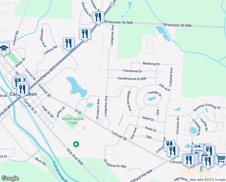map of restaurants, bars, coffee shops, grocery stores, and more near 755 Ries Circle Northwest in Canal Fulton