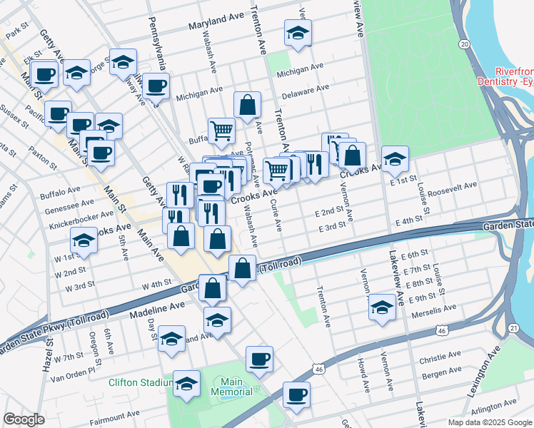 map of restaurants, bars, coffee shops, grocery stores, and more near 329 East 1st Street in Clifton