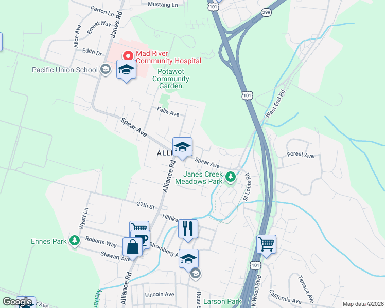 map of restaurants, bars, coffee shops, grocery stores, and more near 1480 Spear Ave in Arcata
