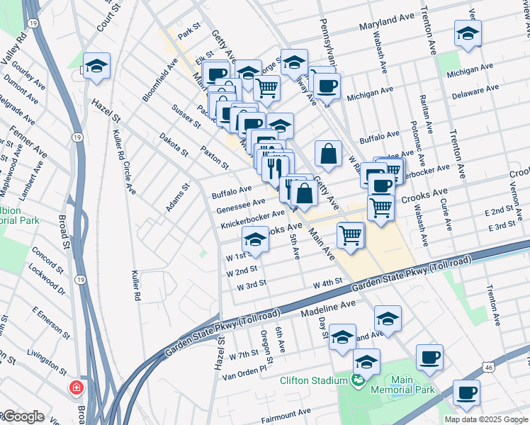 map of restaurants, bars, coffee shops, grocery stores, and more near 67 Knickerbocker Avenue in Paterson