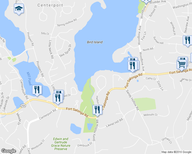 map of restaurants, bars, coffee shops, grocery stores, and more near 37 Harbor Circle in Centerport