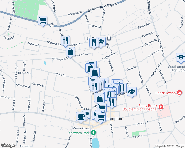 map of restaurants, bars, coffee shops, grocery stores, and more near 212 Windmill Lane in Southampton