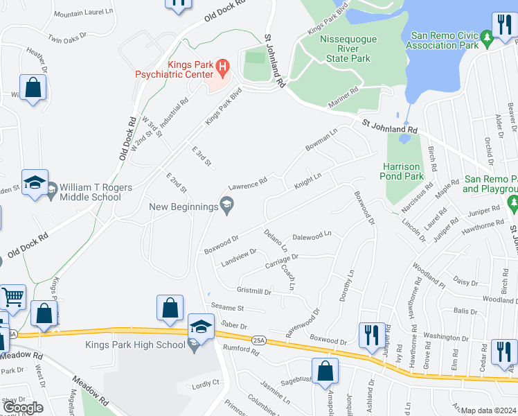 map of restaurants, bars, coffee shops, grocery stores, and more near 63 Knight Lane in Kings Park