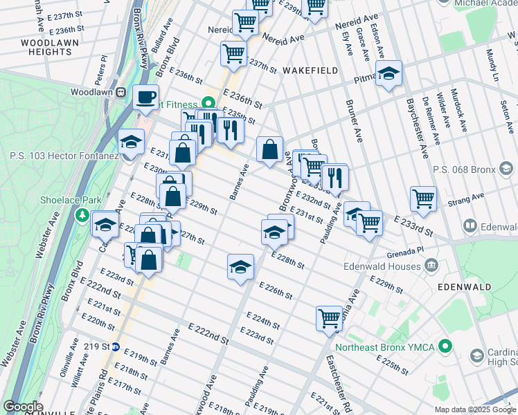 map of restaurants, bars, coffee shops, grocery stores, and more near 847 East 230th Street in Bronx