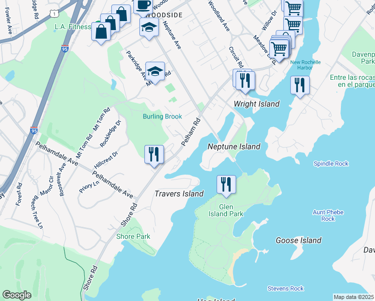 map of restaurants, bars, coffee shops, grocery stores, and more near 676 Pelham Road in New Rochelle