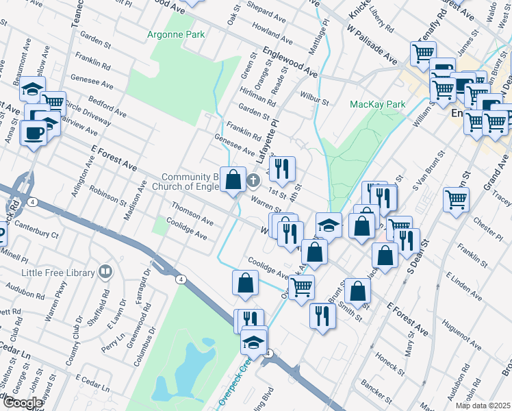 map of restaurants, bars, coffee shops, grocery stores, and more near 218 Warren Street in Englewood