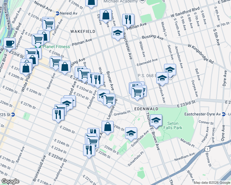 map of restaurants, bars, coffee shops, grocery stores, and more near 4002 Bruner Avenue in The Bronx