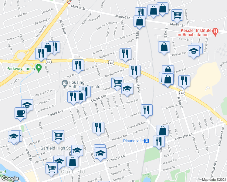map of restaurants, bars, coffee shops, grocery stores, and more near 439 Lanza Avenue in Garfield