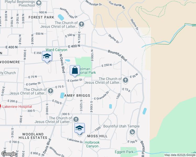 map of restaurants, bars, coffee shops, grocery stores, and more near 1345 Vineyard Drive in Bountiful