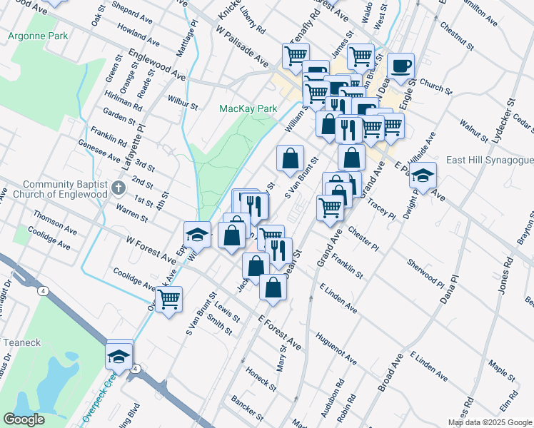 map of restaurants, bars, coffee shops, grocery stores, and more near 152 South Van Brunt Street in Englewood