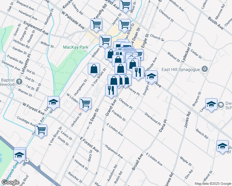 map of restaurants, bars, coffee shops, grocery stores, and more near 94 Grand Ave in Englewood