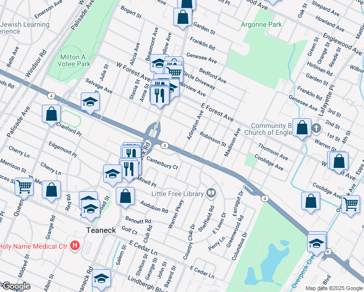 map of restaurants, bars, coffee shops, grocery stores, and more near 1082 Arlington Avenue in Teaneck