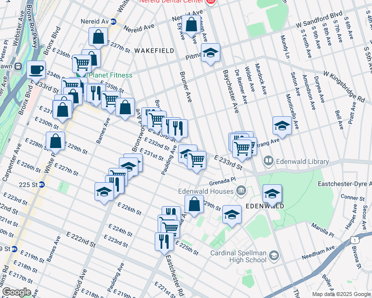 map of restaurants, bars, coffee shops, grocery stores, and more near 1027 East 232nd Street in Bronx