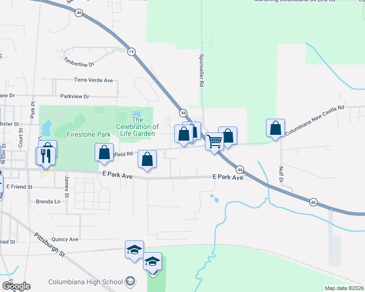 map of restaurants, bars, coffee shops, grocery stores, and more near 735 Springfield Road in Columbiana