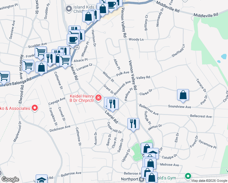 map of restaurants, bars, coffee shops, grocery stores, and more near 31 Roosevelt Avenue in East Northport