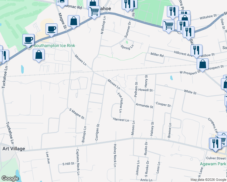 map of restaurants, bars, coffee shops, grocery stores, and more near 117 Fox Hollow Lane in Southampton