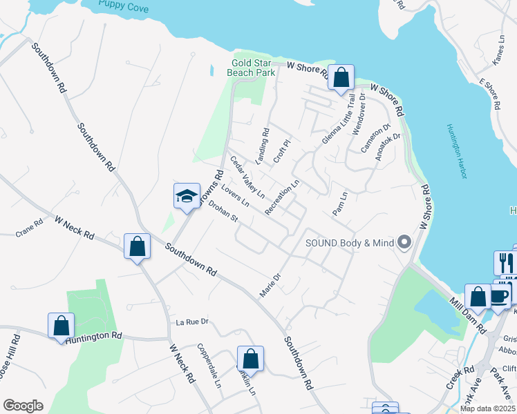map of restaurants, bars, coffee shops, grocery stores, and more near 26 Lovers Lane in Huntington