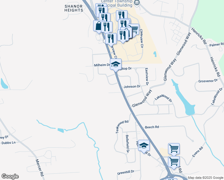 map of restaurants, bars, coffee shops, grocery stores, and more near 104 Concordia Way in Butler