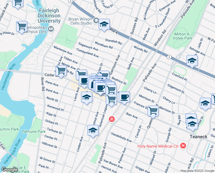 map of restaurants, bars, coffee shops, grocery stores, and more near 830 Garrison Avenue in Teaneck