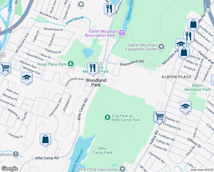 map of restaurants, bars, coffee shops, grocery stores, and more near 375 Rifle Camp Road in Woodland Park