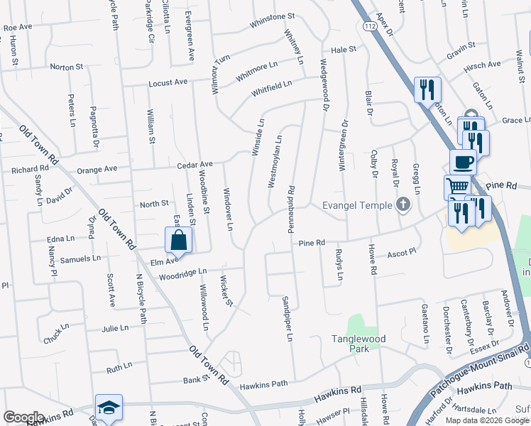 map of restaurants, bars, coffee shops, grocery stores, and more near 40 Wedgewood Drive in Coram