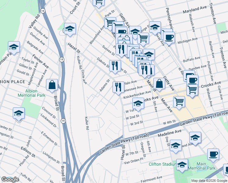 map of restaurants, bars, coffee shops, grocery stores, and more near 31 Inwood Street in Clifton