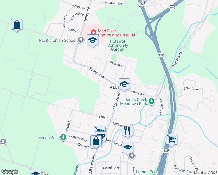 map of restaurants, bars, coffee shops, grocery stores, and more near 3302 Spear Avenue in Arcata