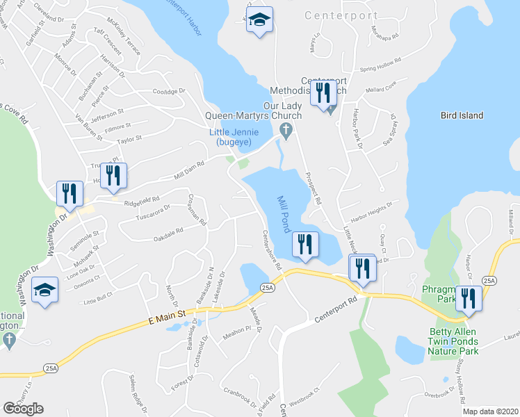 map of restaurants, bars, coffee shops, grocery stores, and more near 58 Centershore Road in Centerport