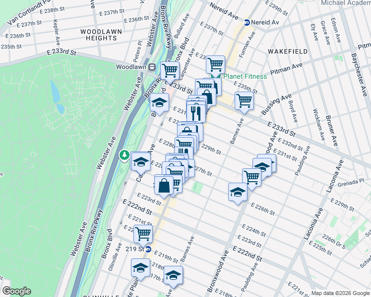 map of restaurants, bars, coffee shops, grocery stores, and more near in The Bronx