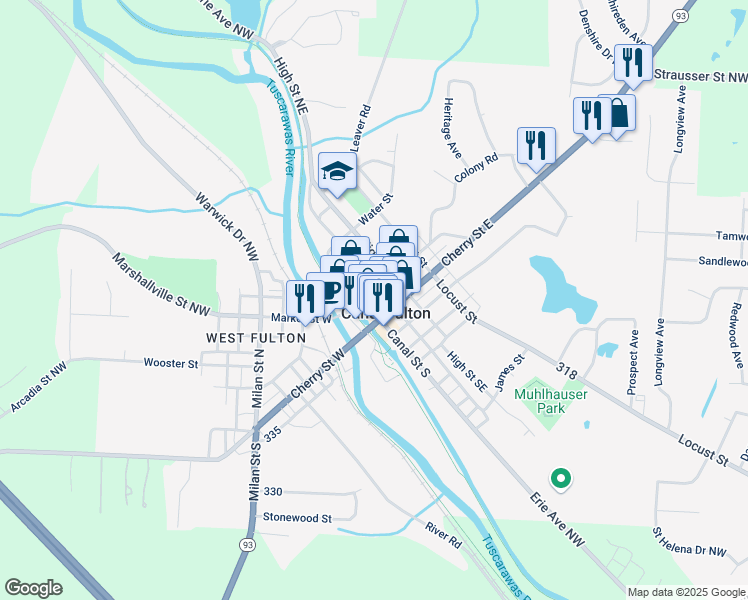 map of restaurants, bars, coffee shops, grocery stores, and more near 139 Canal Street North in Canal Fulton