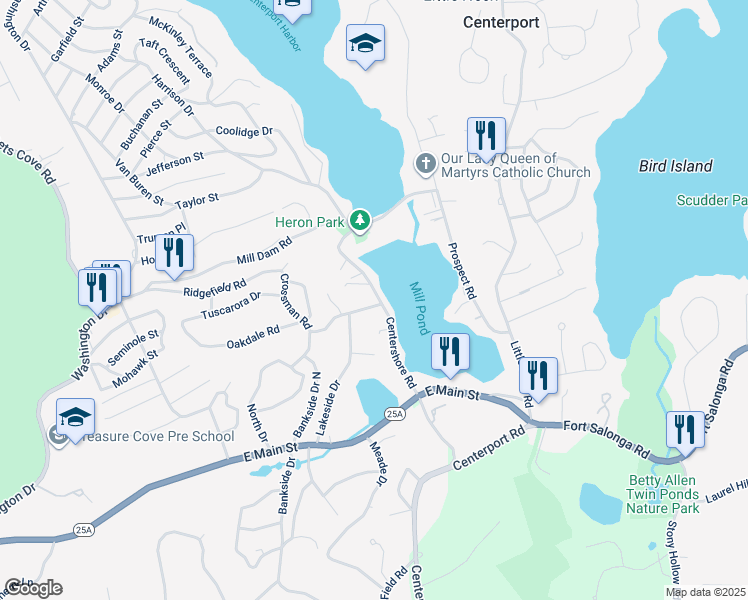 map of restaurants, bars, coffee shops, grocery stores, and more near 51 Centershore Road in Centerport
