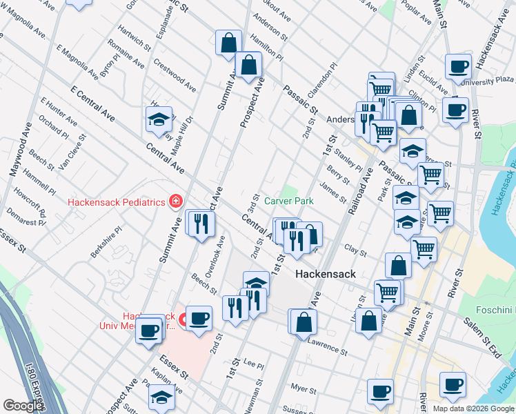map of restaurants, bars, coffee shops, grocery stores, and more near 242 3rd Street in Hackensack