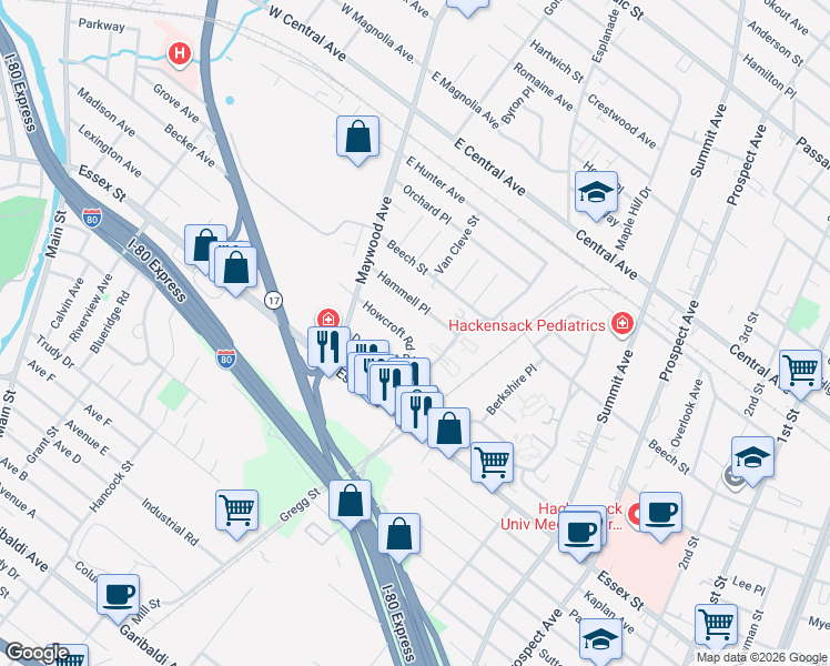 map of restaurants, bars, coffee shops, grocery stores, and more near 72 Howcroft Road in Maywood