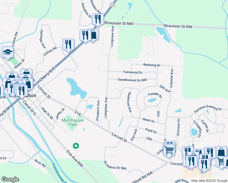 map of restaurants, bars, coffee shops, grocery stores, and more near 755 Ries Circle Northwest in Canal Fulton