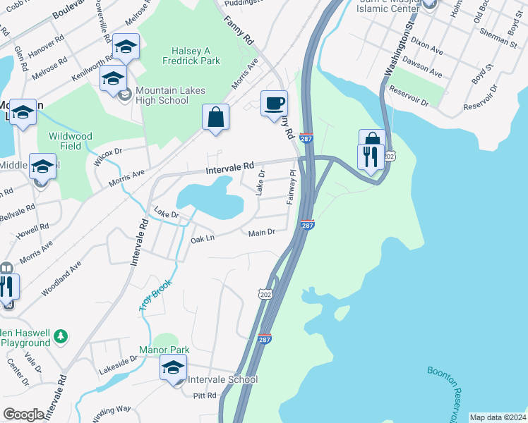 map of restaurants, bars, coffee shops, grocery stores, and more near 13 Lake Drive in Boonton