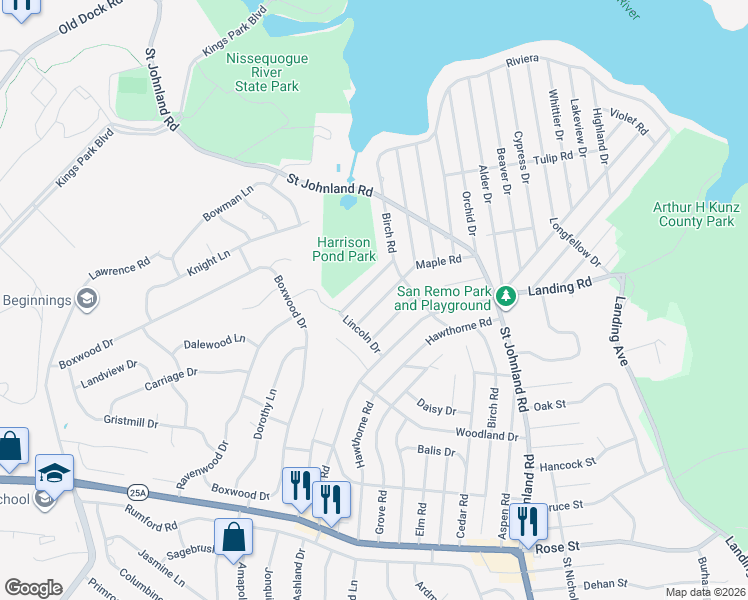 map of restaurants, bars, coffee shops, grocery stores, and more near 30 Maple Rd in Kings Park