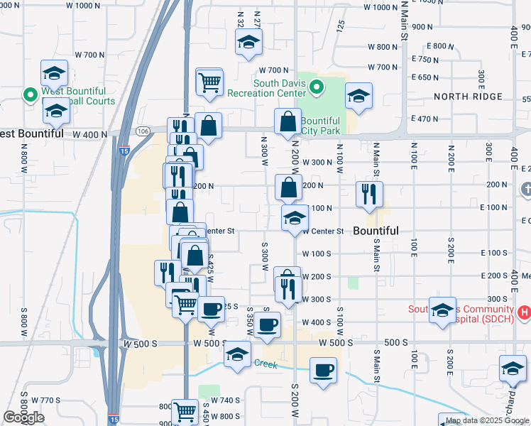 map of restaurants, bars, coffee shops, grocery stores, and more near 75 North Peregrine Lane West in Bountiful