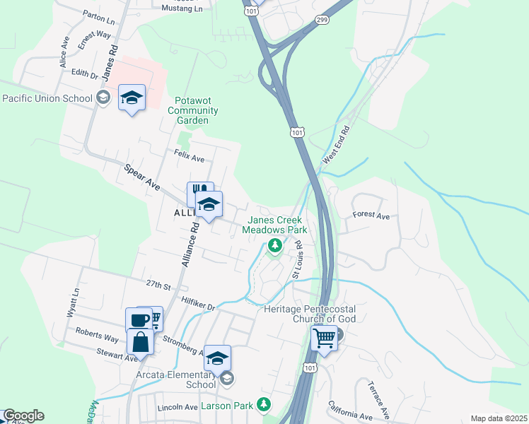 map of restaurants, bars, coffee shops, grocery stores, and more near 1121 Aloha Way in Arcata