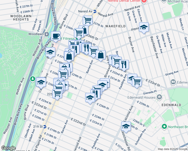 map of restaurants, bars, coffee shops, grocery stores, and more near 847 East 230th Street in Bronx