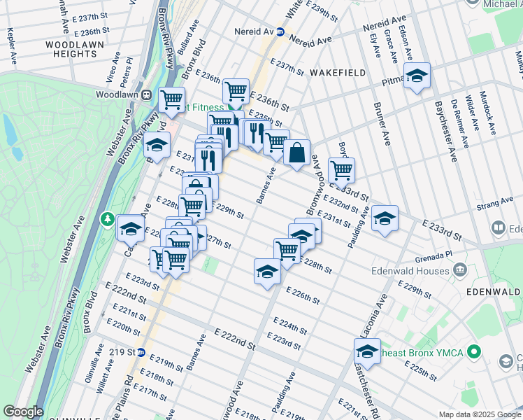 map of restaurants, bars, coffee shops, grocery stores, and more near 4112 Barnes Avenue in Bronx
