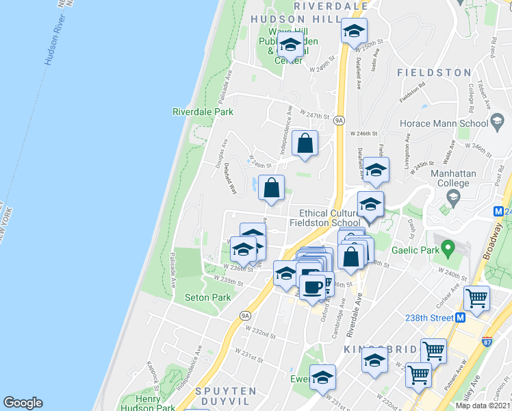 map of restaurants, bars, coffee shops, grocery stores, and more near 3901 Independence Avenue in Bronx