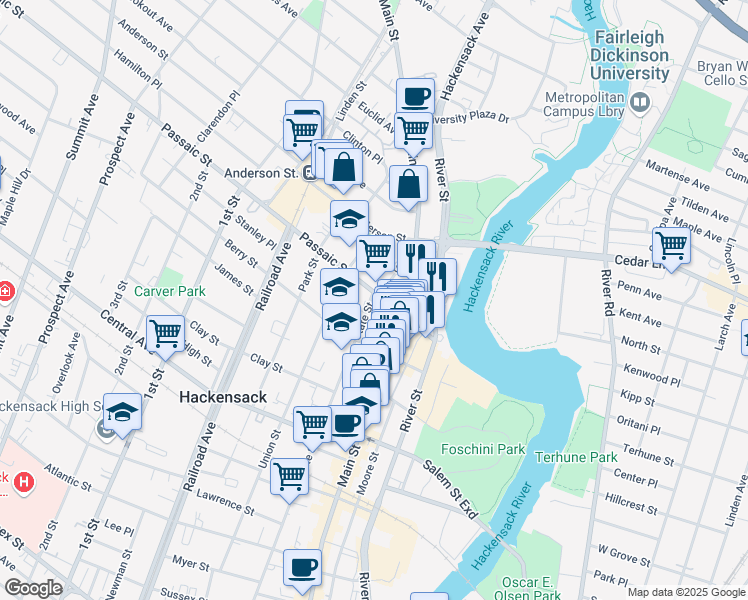 map of restaurants, bars, coffee shops, grocery stores, and more near in Hackensack