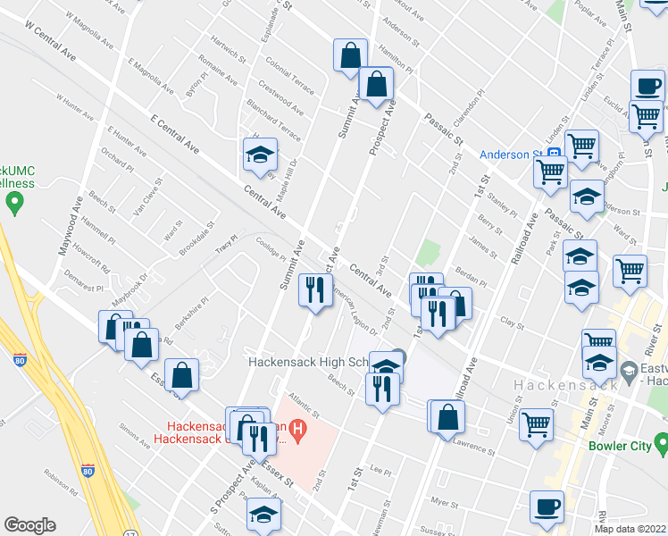 map of restaurants, bars, coffee shops, grocery stores, and more near in Hackensack