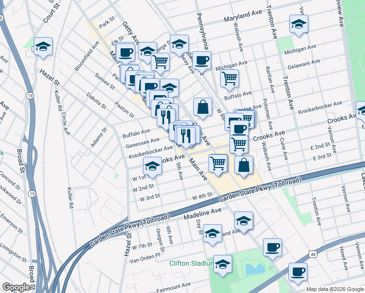 map of restaurants, bars, coffee shops, grocery stores, and more near 25 Eagle Avenue in Paterson