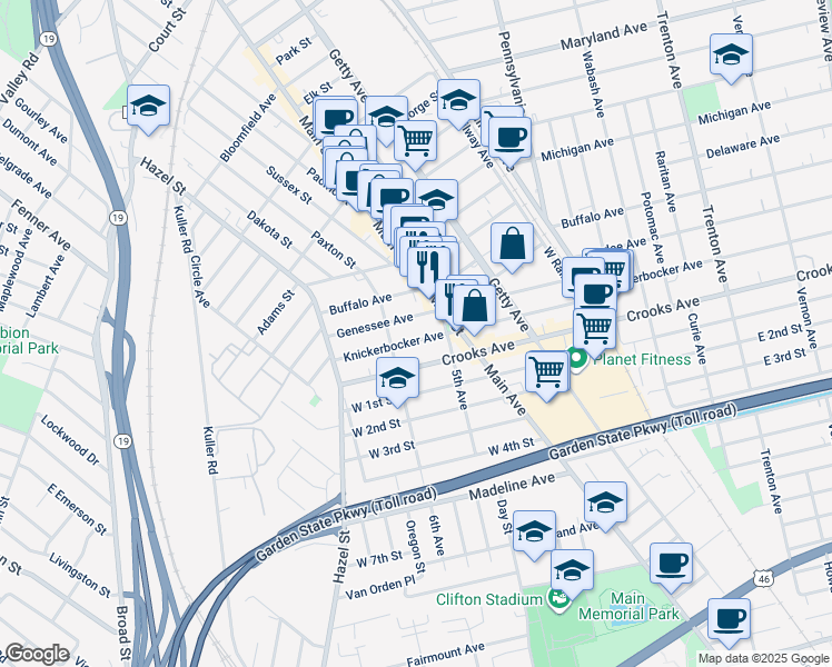 map of restaurants, bars, coffee shops, grocery stores, and more near 67 Knickerbocker Avenue in Paterson