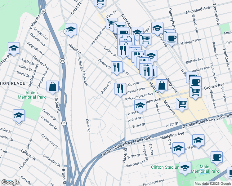 map of restaurants, bars, coffee shops, grocery stores, and more near 31 Inwood Street in Clifton