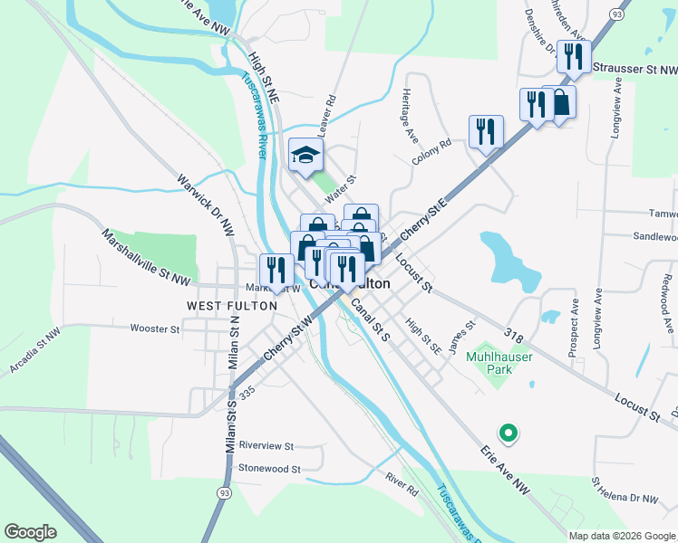map of restaurants, bars, coffee shops, grocery stores, and more near 139 Canal Street North in Canal Fulton