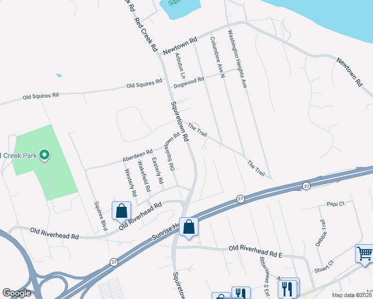 map of restaurants, bars, coffee shops, grocery stores, and more near 15 Old Squiretown Road in Hampton Bays